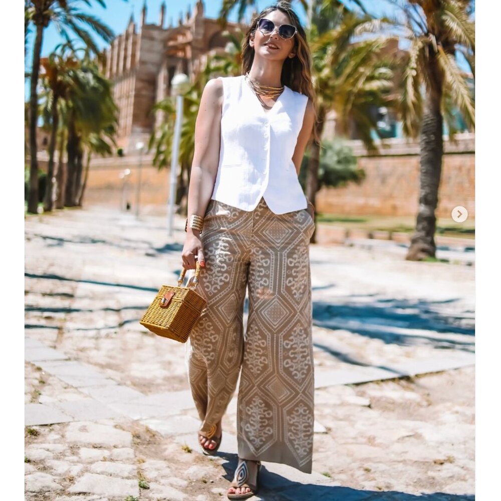 ZARA HIGH-WAIST WIDE LEG EMBROIDERED CULOTTES PANTS TROUSERS BEIGE  2882/678